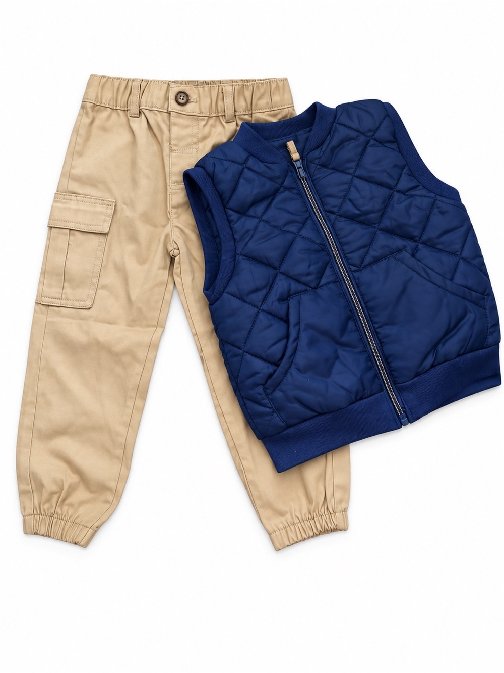 Little Lad Boys 3T Navy Quilted Vest Khaki Cargo Pants Set